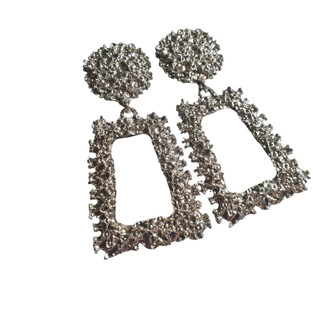 Rectangular Dangle Earrings Silver Tone Textured … - image 2